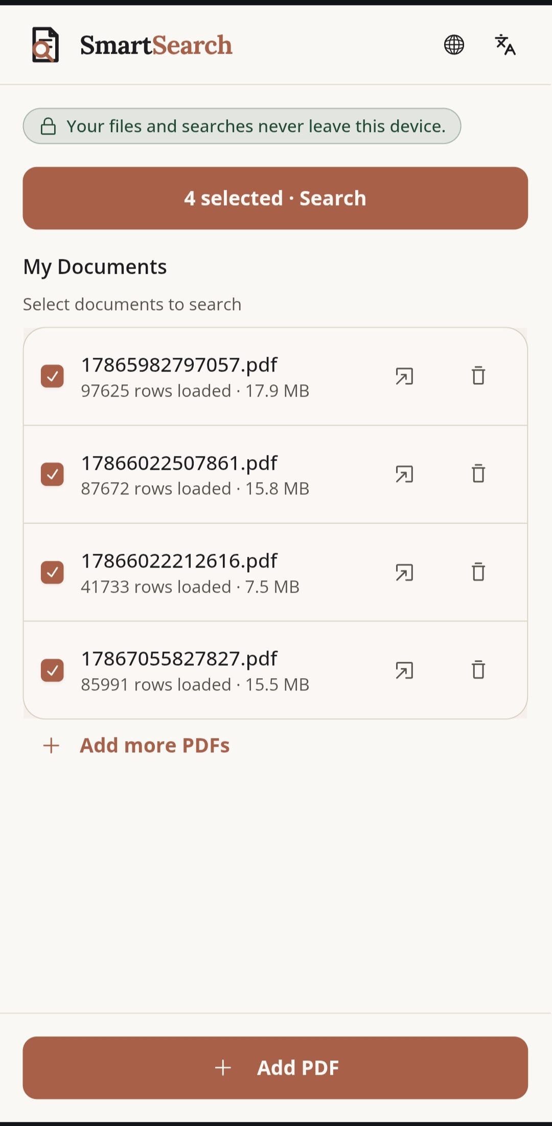 SmartSearch library screen with documents loaded